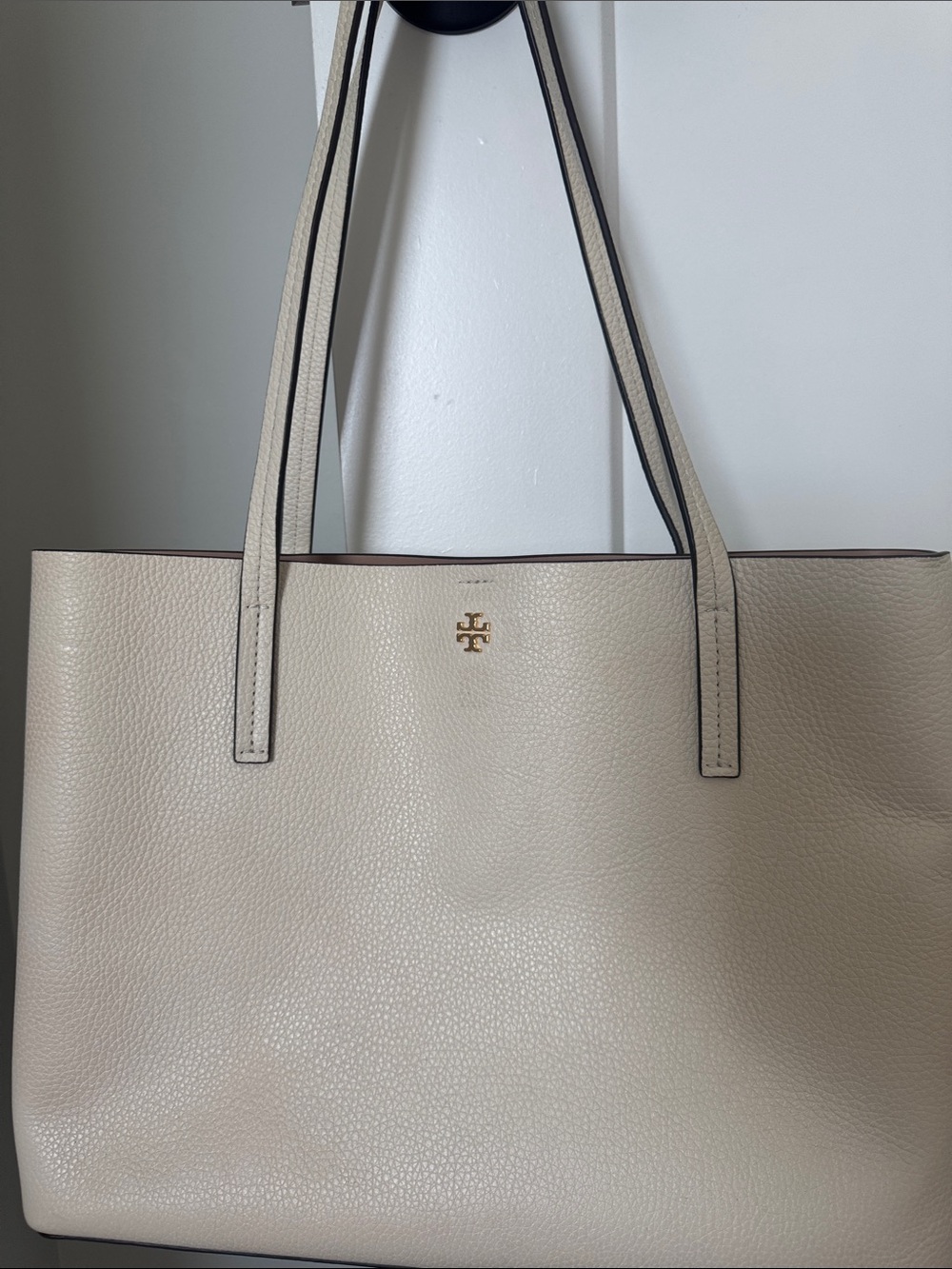 Tory Burch Pebbled Leather Tote in Beige with Gold Logo